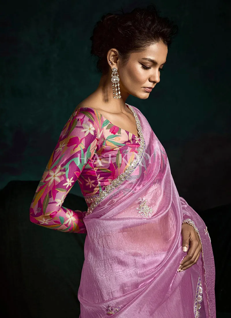 Lavender And Pink Handwork Tissue Silk Saree
