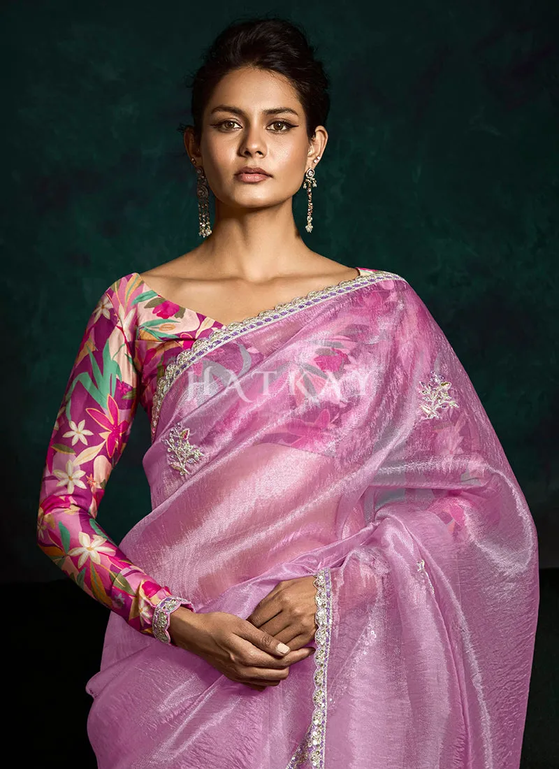 Lavender And Pink Handwork Tissue Silk Saree