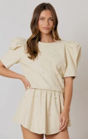 Leather Pearl Puff Sleeve Set