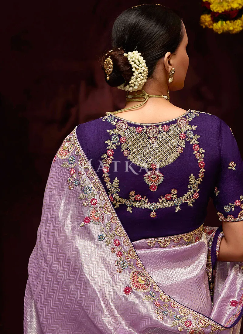 Lilac Purple Multi Embroidery Kanjivaram Silk Saree