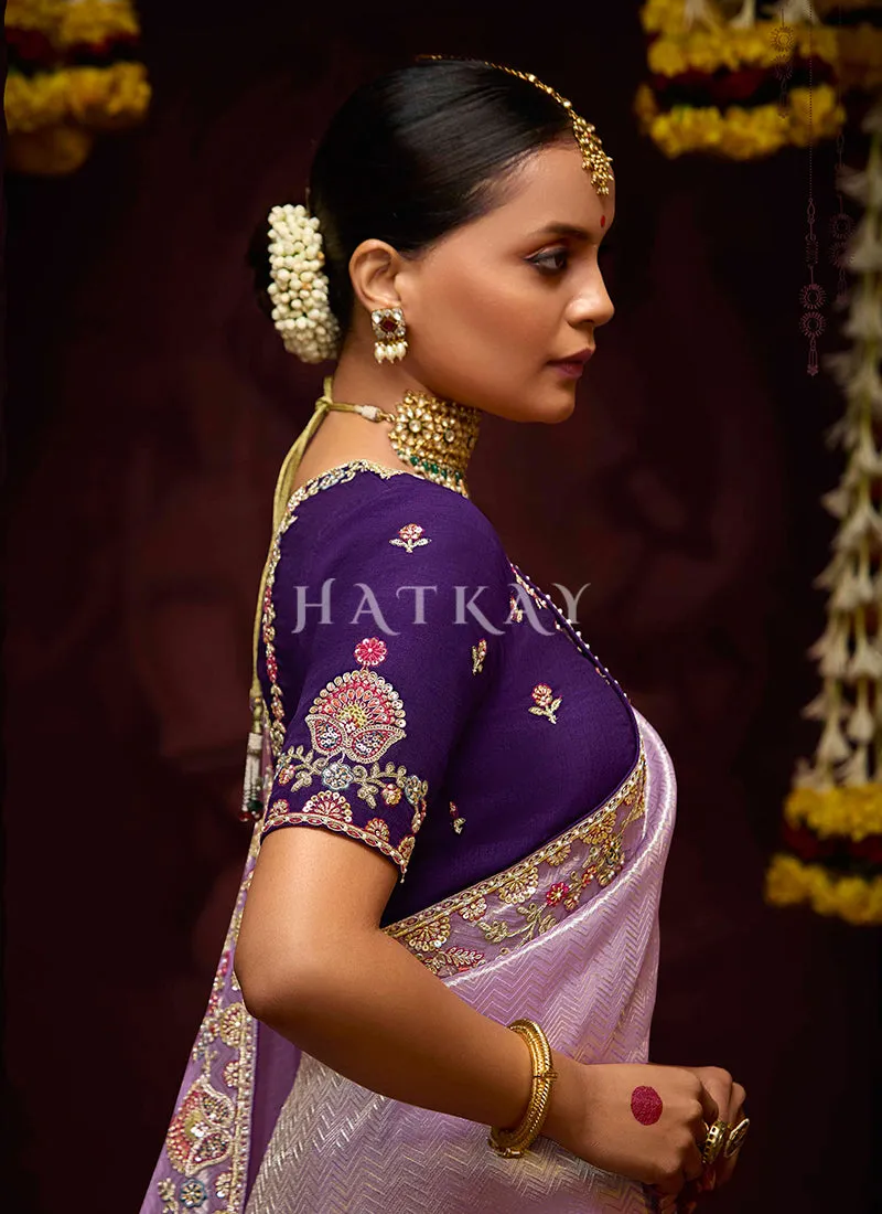Lilac Purple Multi Embroidery Kanjivaram Silk Saree