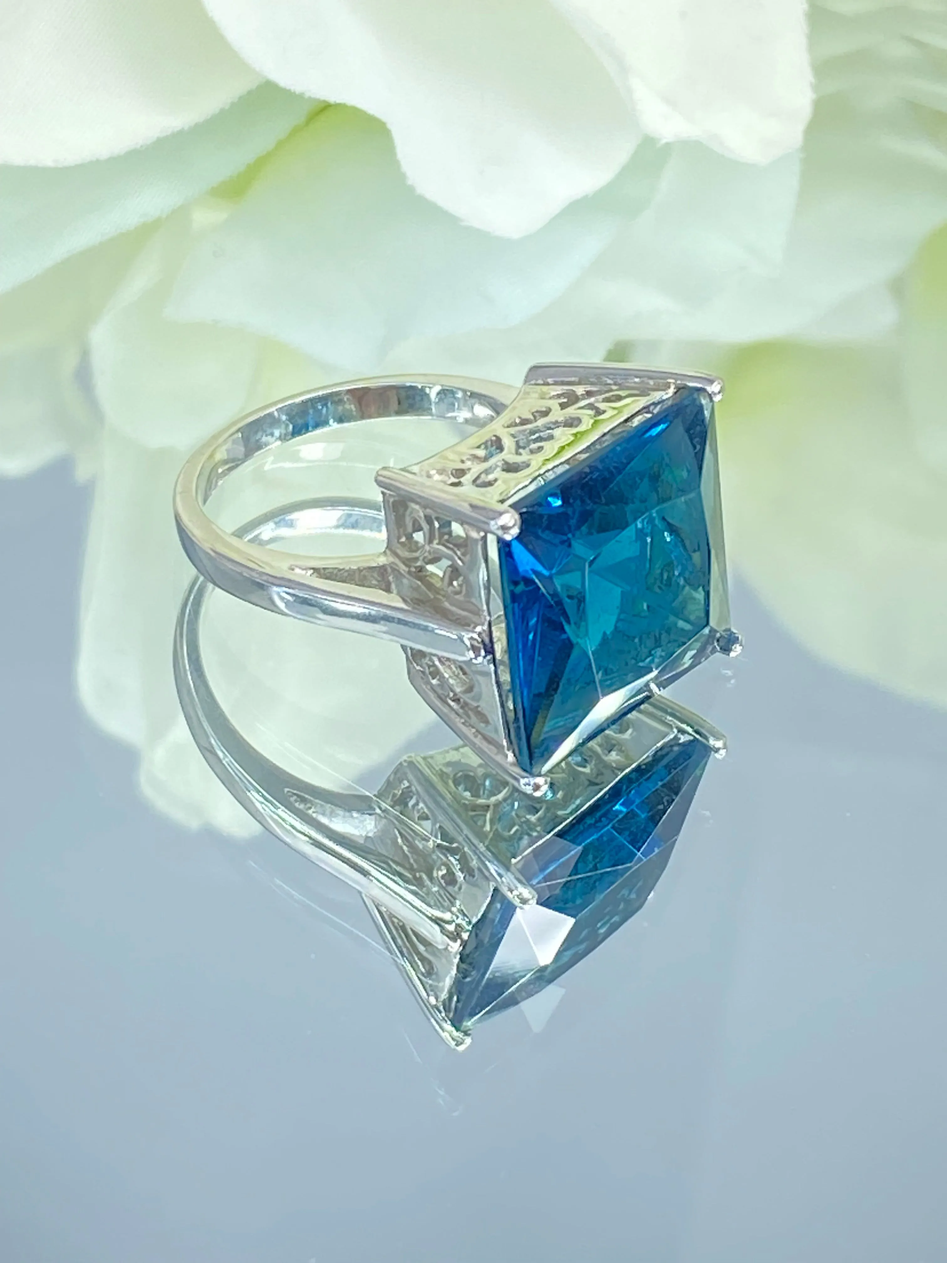 London Blue Art Deco Ring, 12ct Big Square Gem, Vintage Jewelry Design#D45