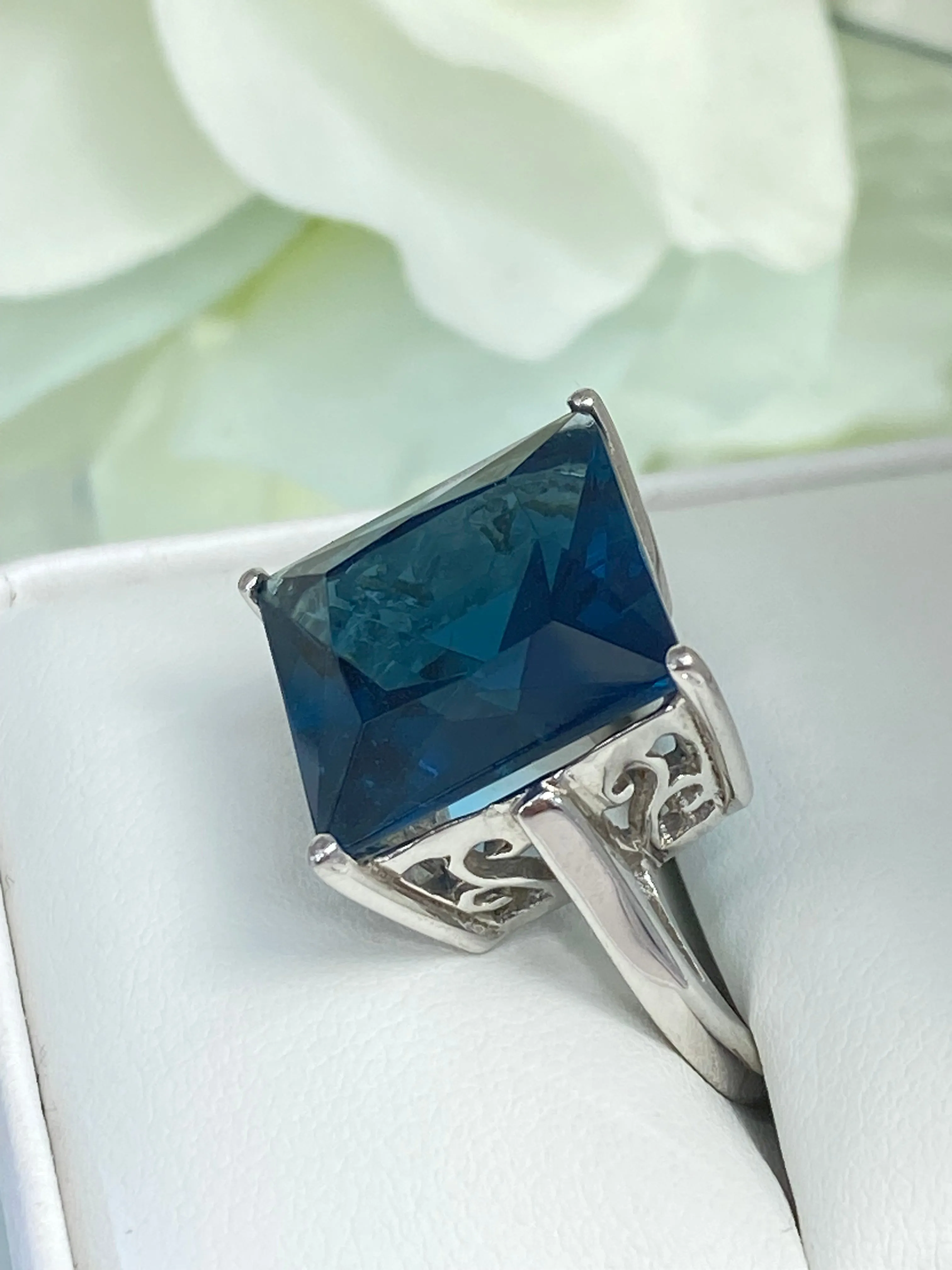 London Blue Art Deco Ring, 12ct Big Square Gem, Vintage Jewelry Design#D45