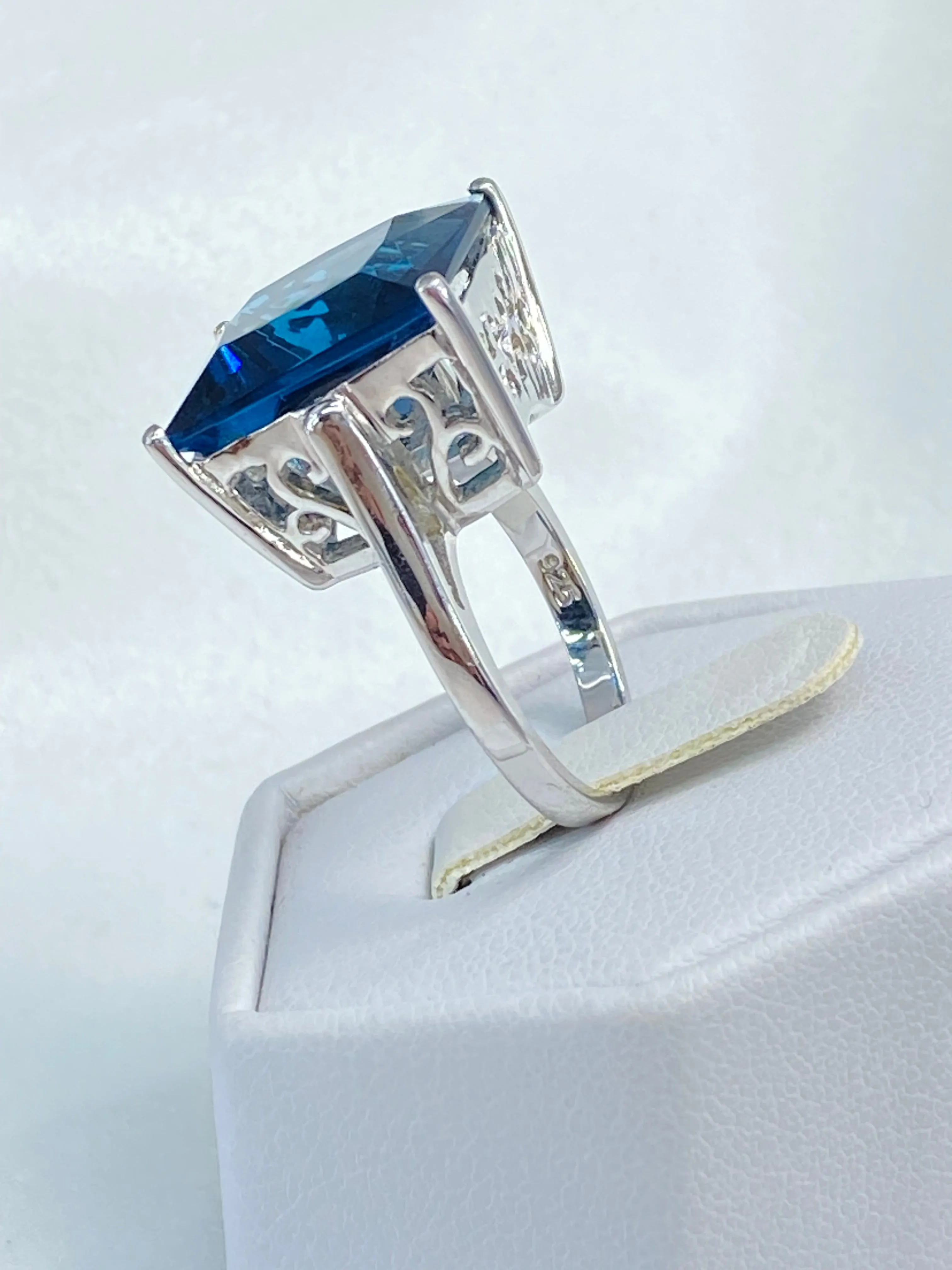 London Blue Art Deco Ring, 12ct Big Square Gem, Vintage Jewelry Design#D45