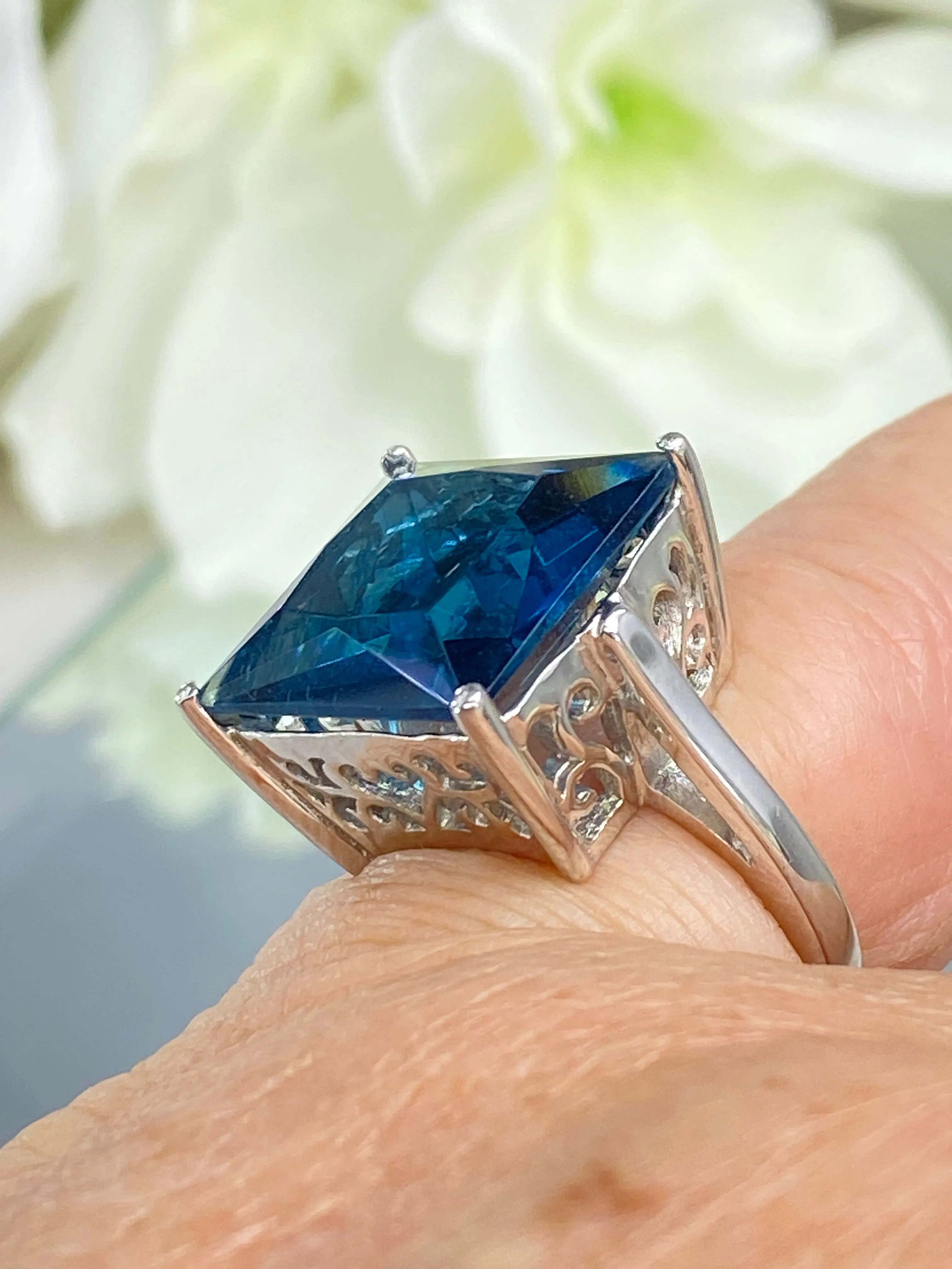London Blue Art Deco Ring, 12ct Big Square Gem, Vintage Jewelry Design#D45