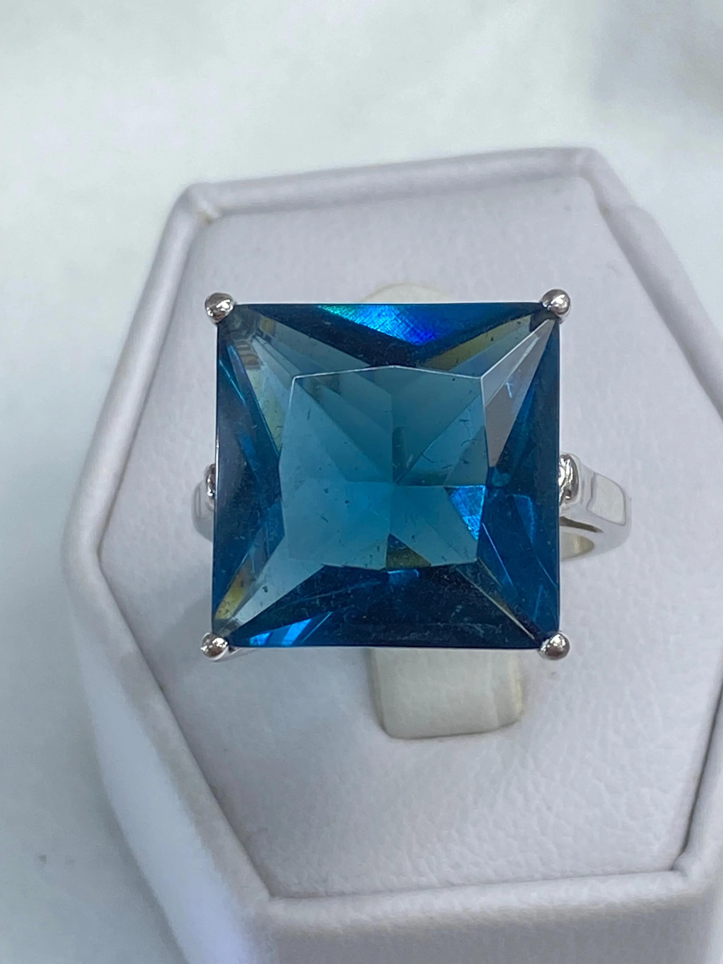 London Blue Art Deco Ring, 12ct Big Square Gem, Vintage Jewelry Design#D45