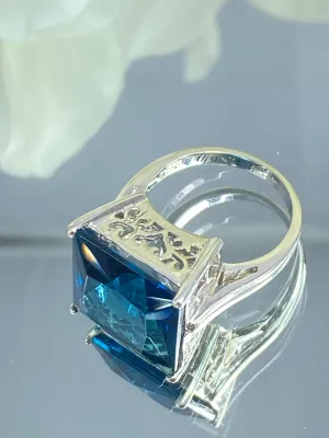 London Blue Art Deco Ring, 12ct Big Square Gem, Vintage Jewelry Design#D45