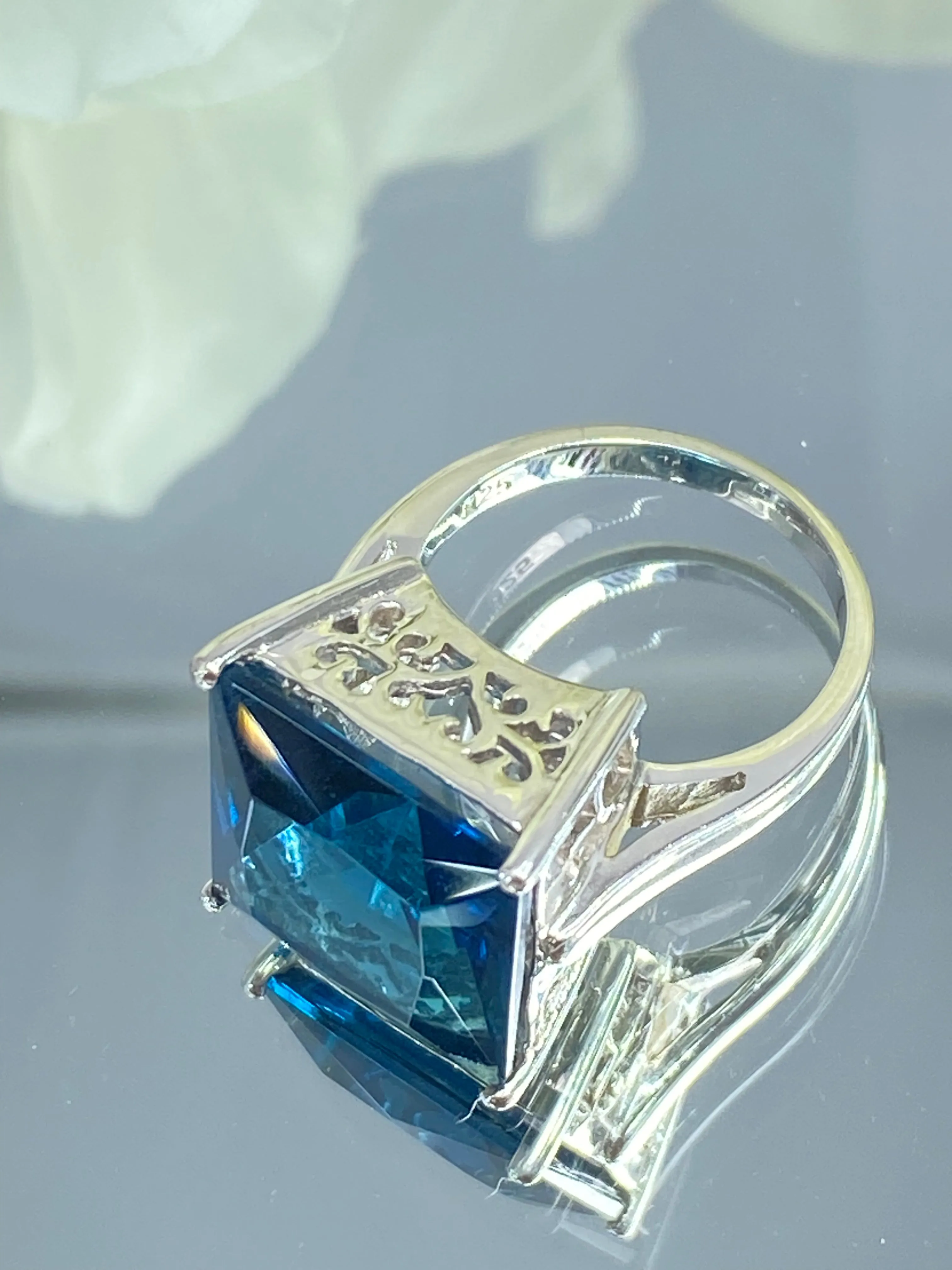 London Blue Art Deco Ring, 12ct Big Square Gem, Vintage Jewelry Design#D45