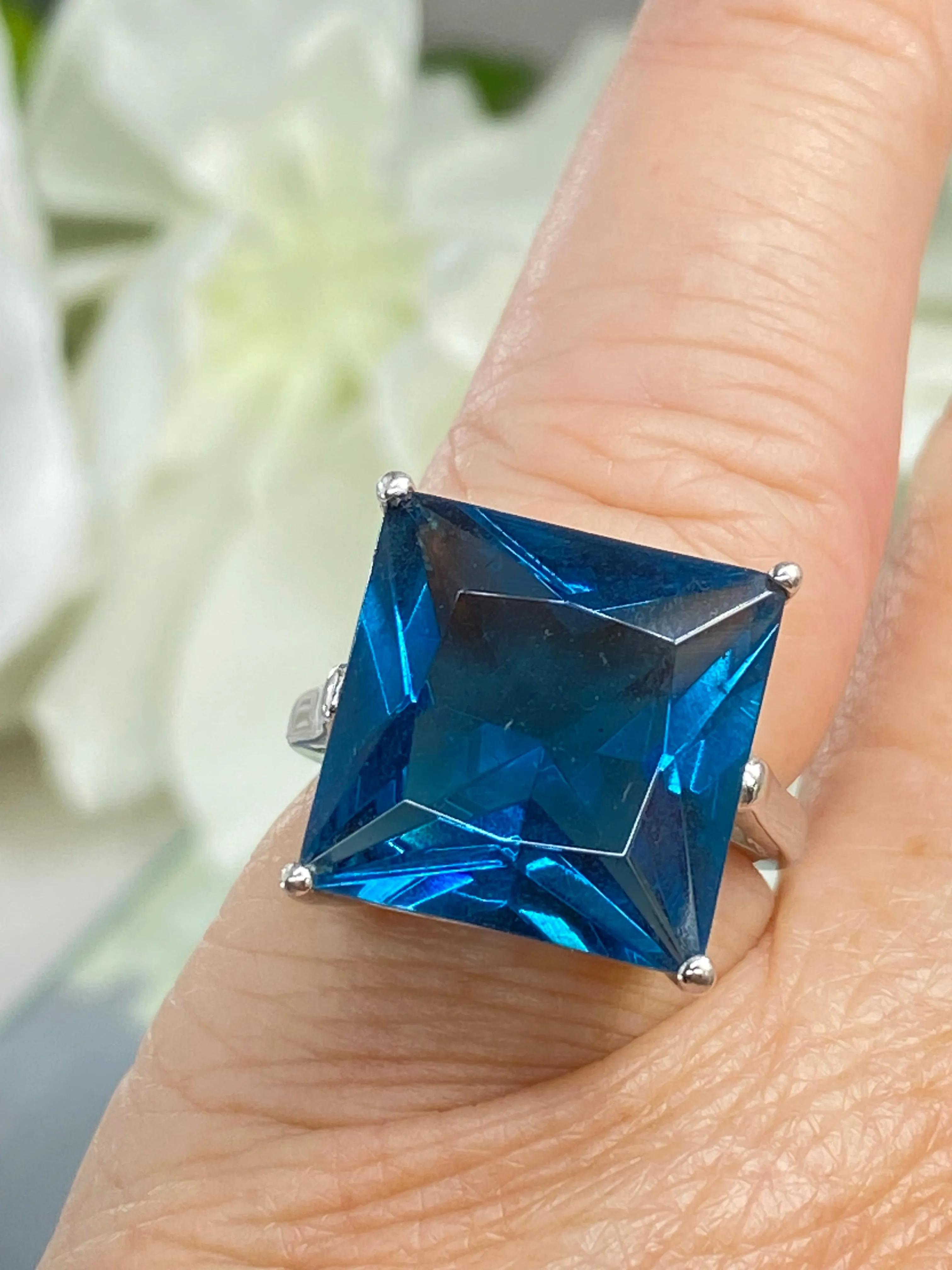 London Blue Art Deco Ring, 12ct Big Square Gem, Vintage Jewelry Design#D45