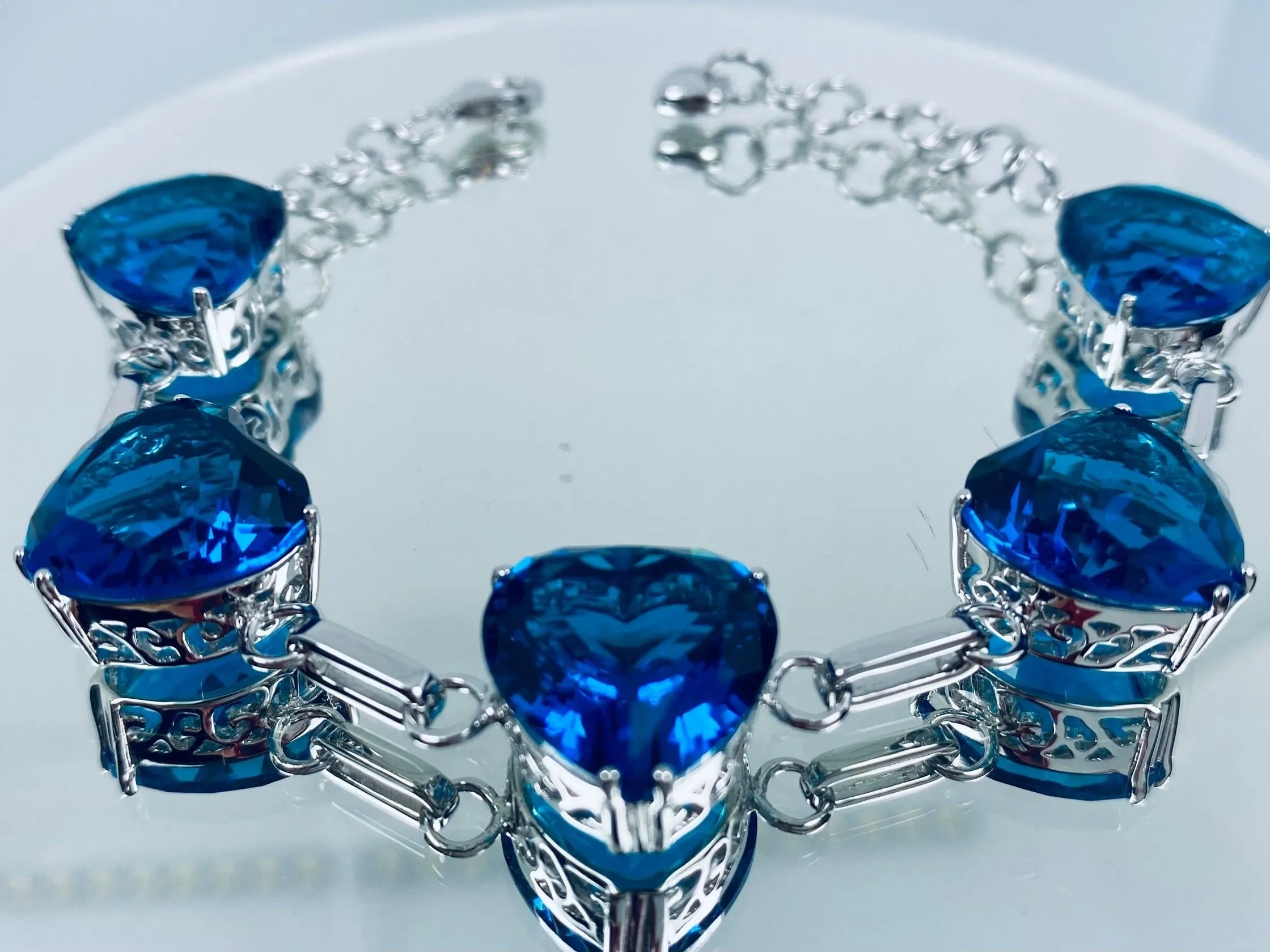 London Blue Topaz Bracelet, Heart Gems, Victorian Reproduction Jewelry #B38
