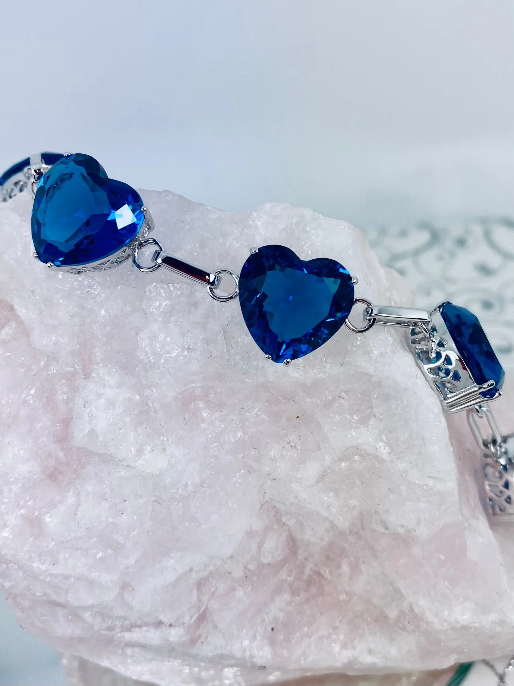 London Blue Topaz Bracelet, Heart Gems, Victorian Reproduction Jewelry #B38