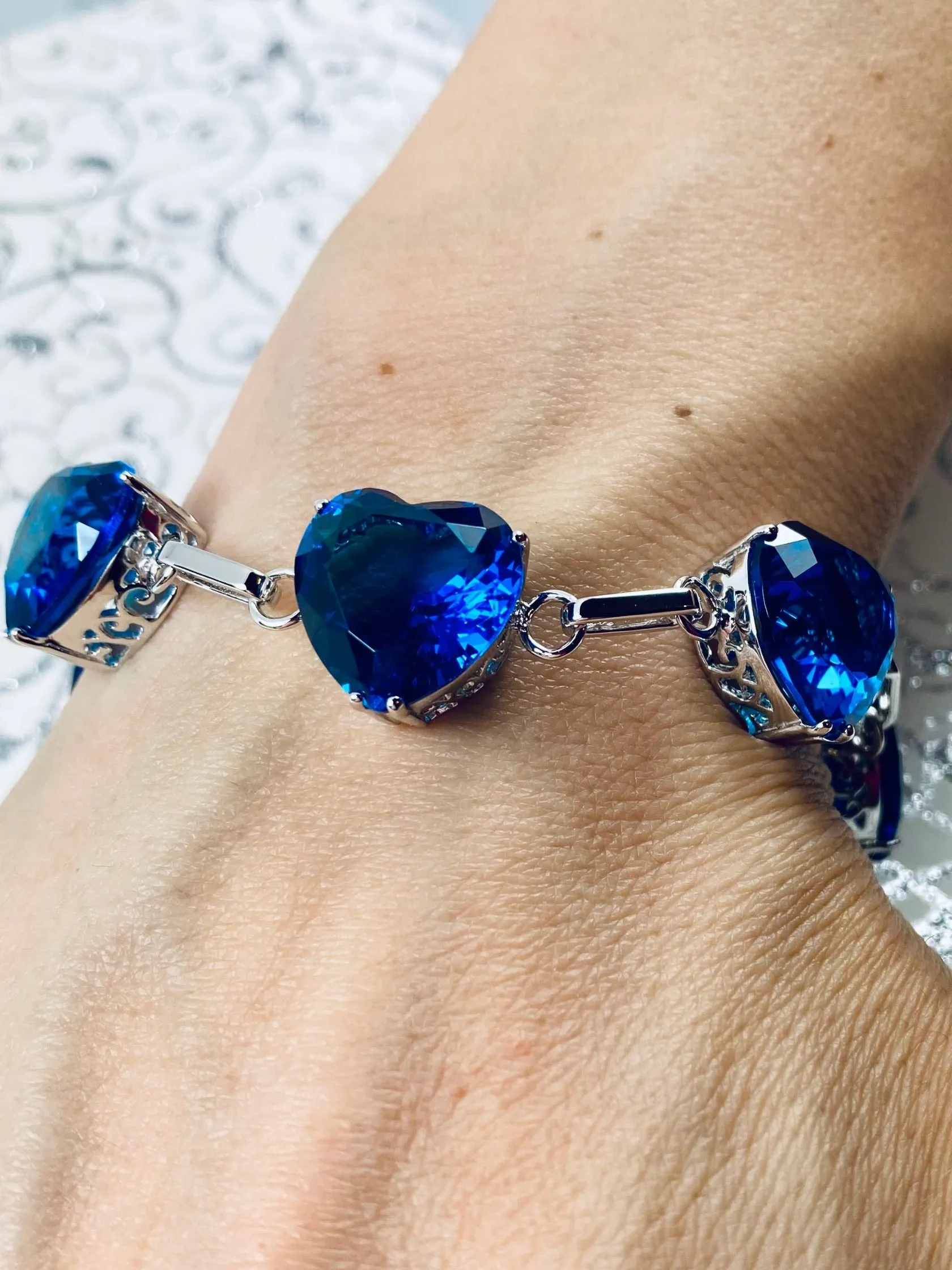 London Blue Topaz Bracelet, Heart Gems, Victorian Reproduction Jewelry #B38