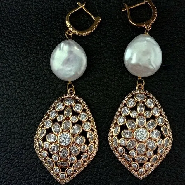 Lovely 22k Gold Plated Coin Pearl Statement Earrings 3.1”