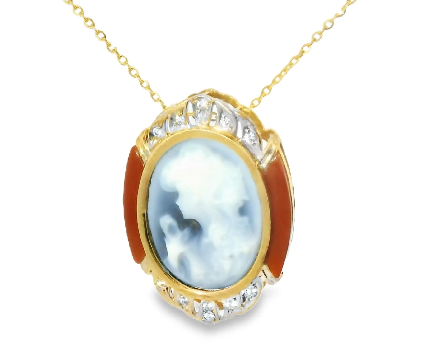 Marvelous Estate 18K Yellow Gold Blue Agate Carnelian Diamond Cameo Pendant