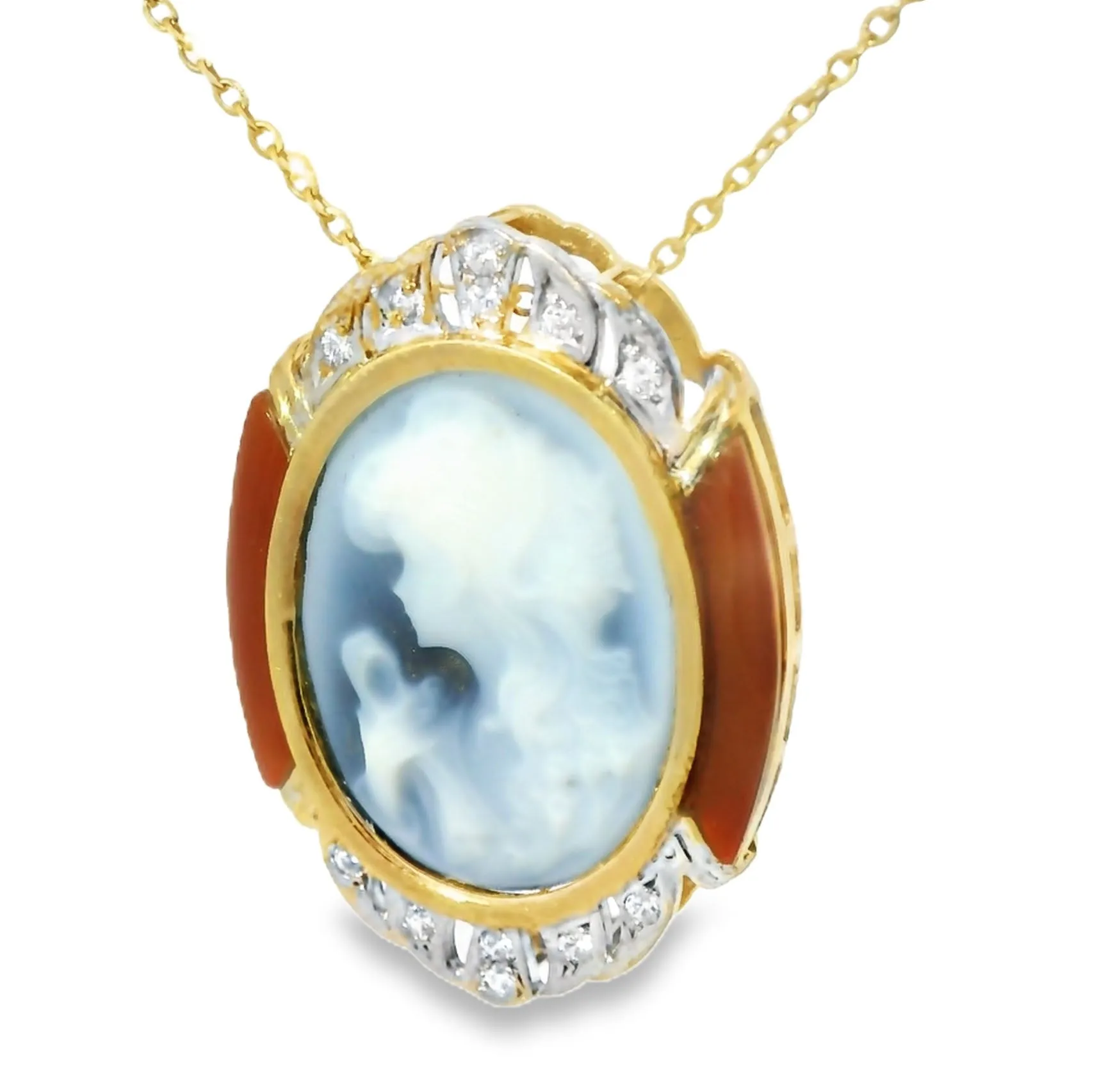 Marvelous Estate 18K Yellow Gold Blue Agate Carnelian Diamond Cameo Pendant