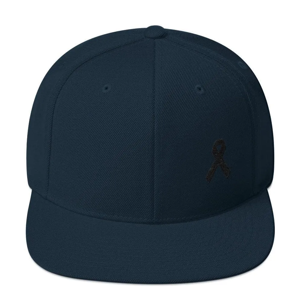 Melanoma and Skin Cancer Awareness Flat Brim Snapback Hat with Black Ribbon