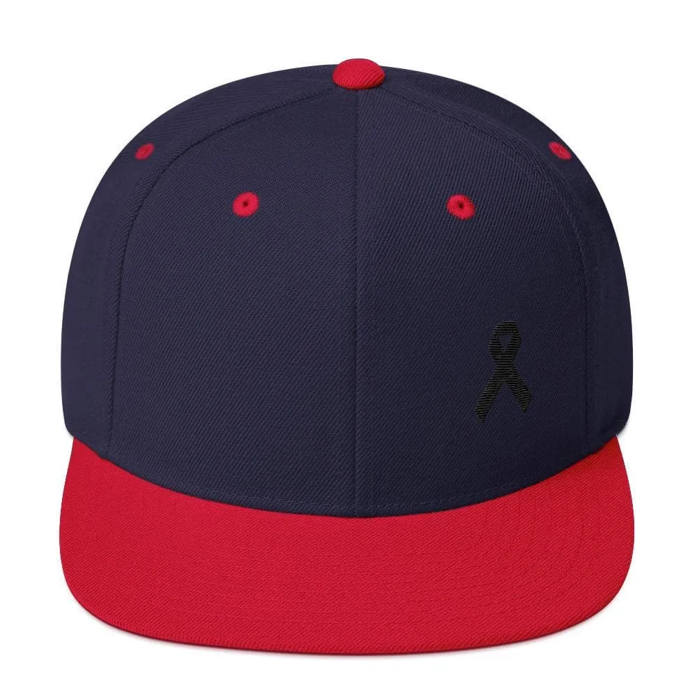 Melanoma and Skin Cancer Awareness Flat Brim Snapback Hat with Black Ribbon