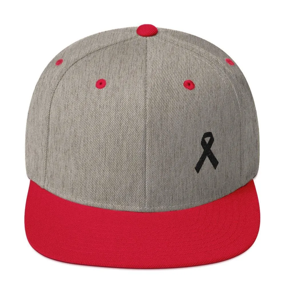 Melanoma and Skin Cancer Awareness Flat Brim Snapback Hat with Black Ribbon