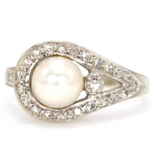 Midcentury Asymmetric Pearl and Diamond 14K White Gold Knot Ring