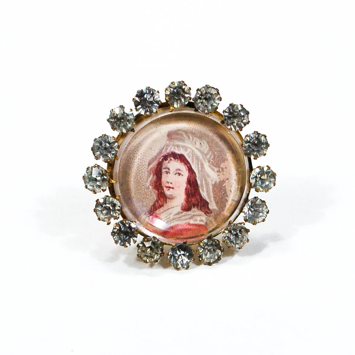 Miniature Victorian Lady Portrait Brooch Round with Rhinestones