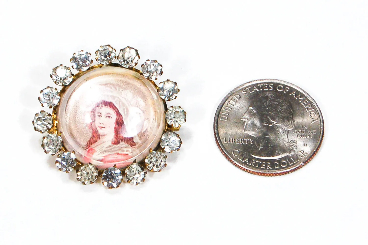 Miniature Victorian Lady Portrait Brooch Round with Rhinestones