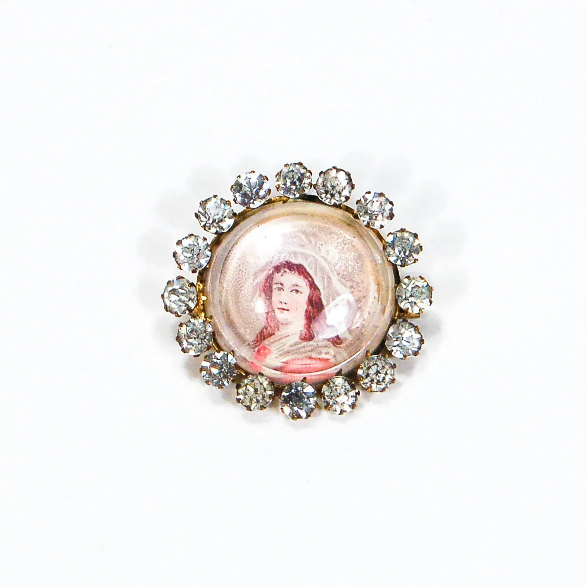 Miniature Victorian Lady Portrait Brooch Round with Rhinestones