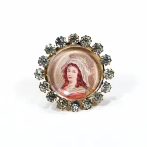 Miniature Victorian Lady Portrait Brooch Round with Rhinestones