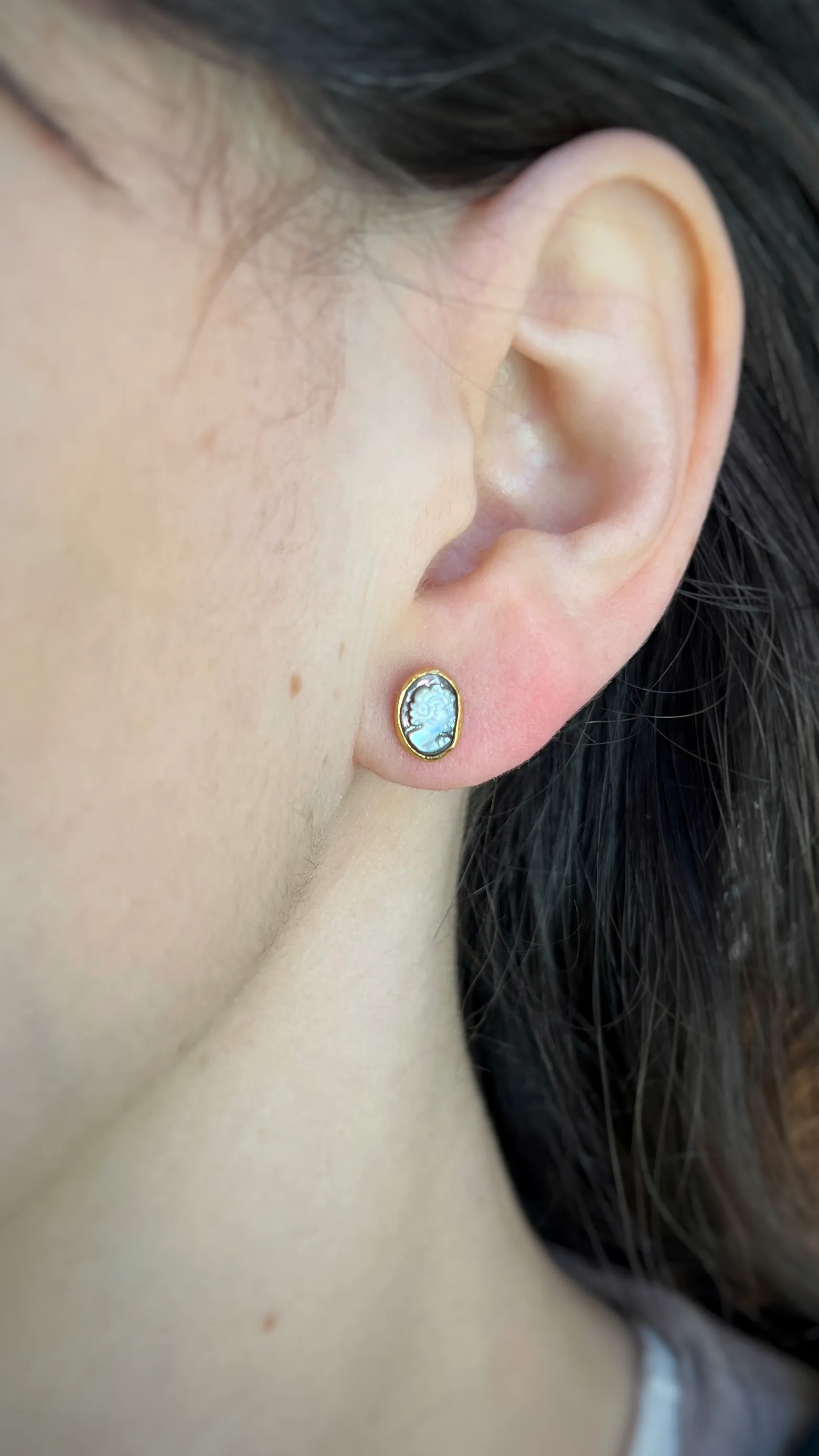 Mismatched Stud Earrings, Shell and Cameo