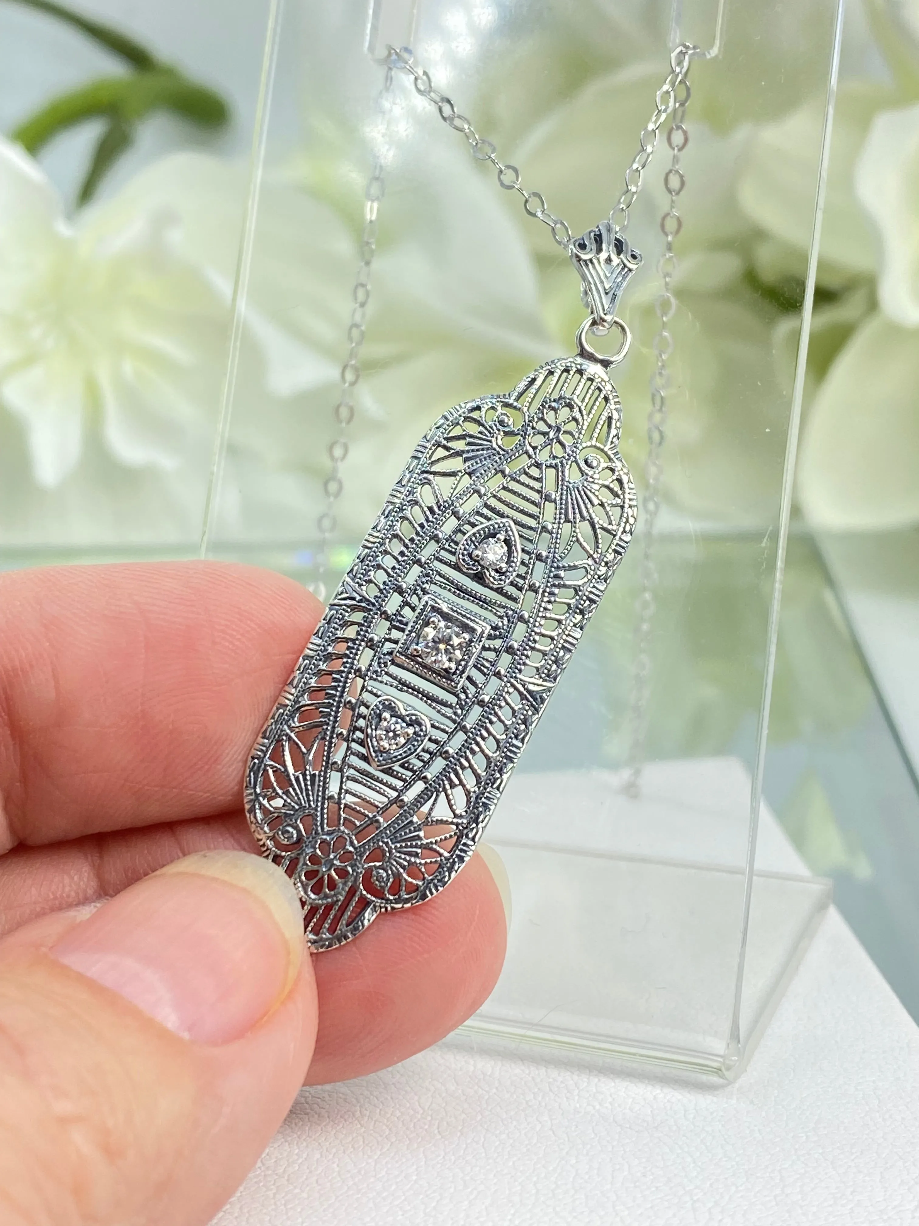 Moissanite Angel Wing Pendant Necklace, Vintage Revival Jewelry #P359 - Ready to Ship