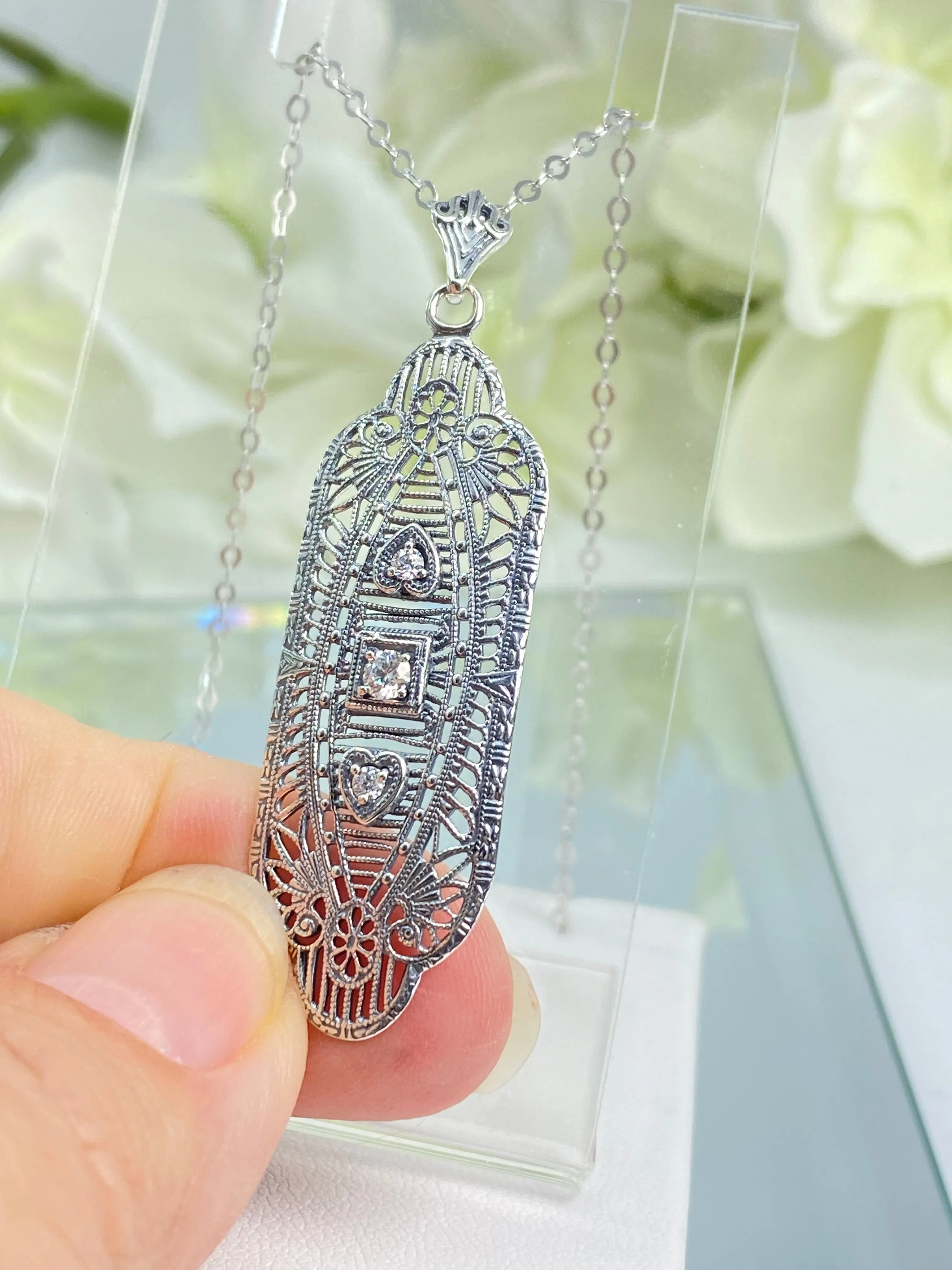 Moissanite Angel Wing Pendant Necklace, Vintage Revival Jewelry #P359 - Ready to Ship