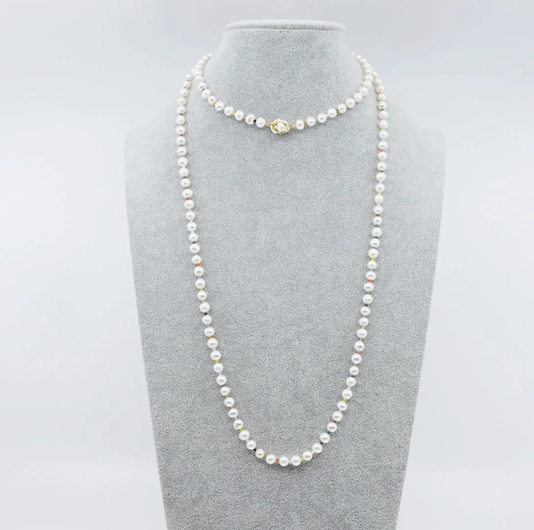 Multi-style 6mm Pearl Opera Necklace (Colorful Zirconia)