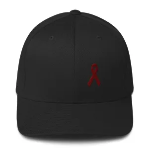 Multiple Myeloma Awareness Twill Flexfit Fitted Hat with Burgundy Ribbon