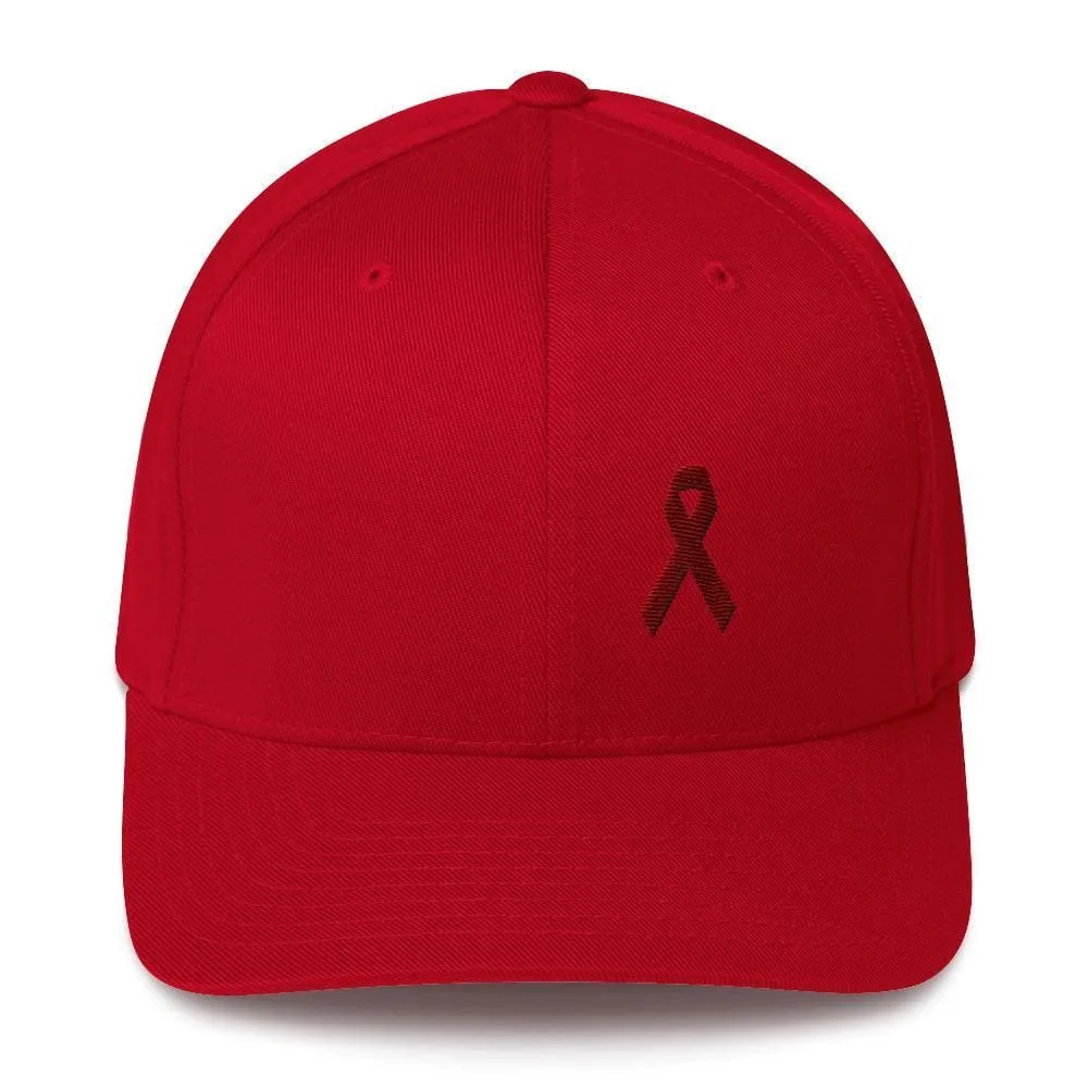 Multiple Myeloma Awareness Twill Flexfit Fitted Hat with Burgundy Ribbon