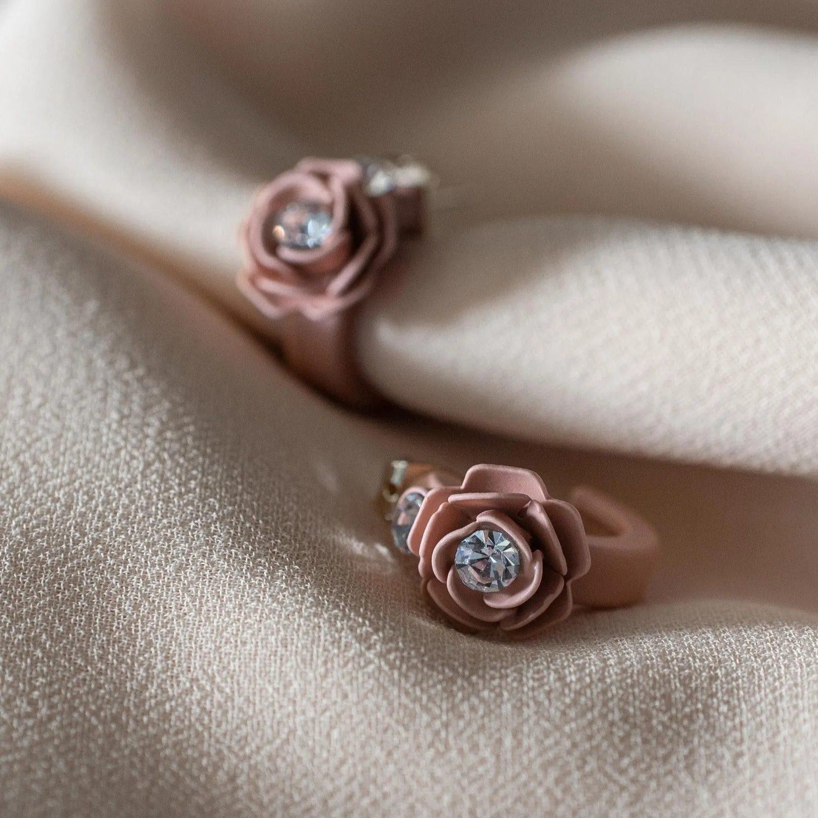 Murano Pink Sunset Camellia Mini Floral Hoop Earrings with Crystals - Silk Effect
