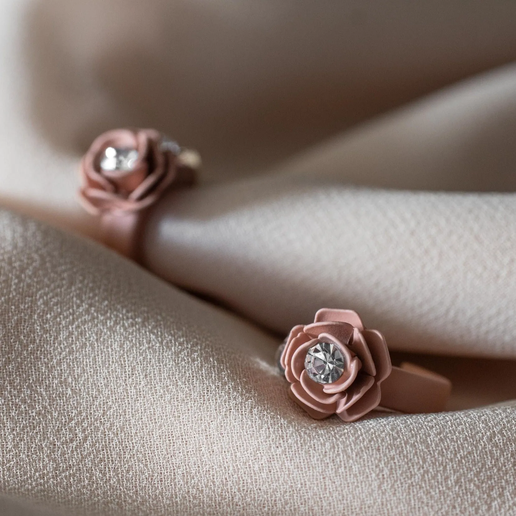 Murano Pink Sunset Camellia Mini Floral Hoop Earrings with Crystals - Silk Effect