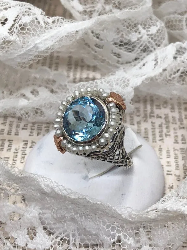 Natural Blue Topaz & Seed Pearl Ring, Size 5, Victorian Filigree Jewelry #D238 - Ready to Ship