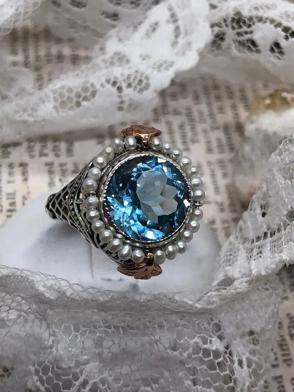 Natural Blue Topaz & Seed Pearl Ring, Size 5, Victorian Filigree Jewelry #D238 - Ready to Ship