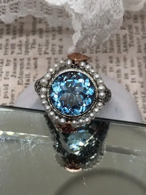 Natural Blue Topaz & Seed Pearl Ring, Size 5, Victorian Filigree Jewelry #D238 - Ready to Ship