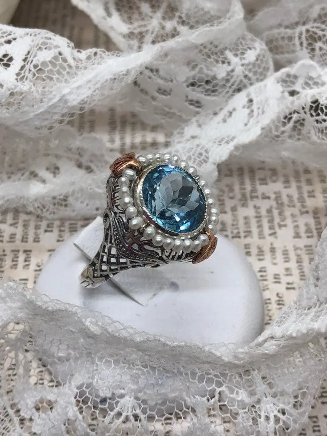 Natural Blue Topaz & Seed Pearl Ring, Victorian Filigree Jewelry #D238