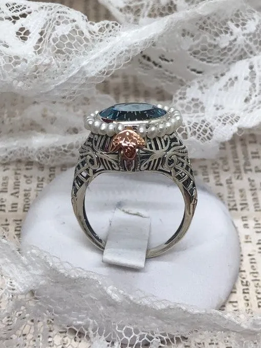 Natural Blue Topaz & Seed Pearl Ring, Victorian Filigree Jewelry #D238
