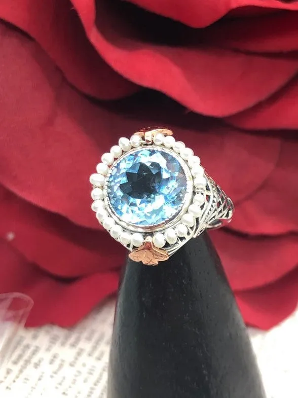 Natural Blue Topaz & Seed Pearl Ring, Victorian Filigree Jewelry #D238
