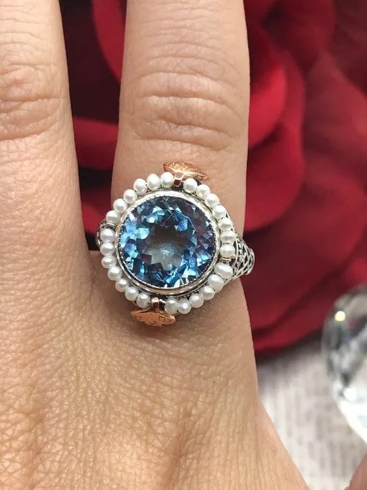 Natural Blue Topaz & Seed Pearl Ring, Victorian Filigree Jewelry #D238