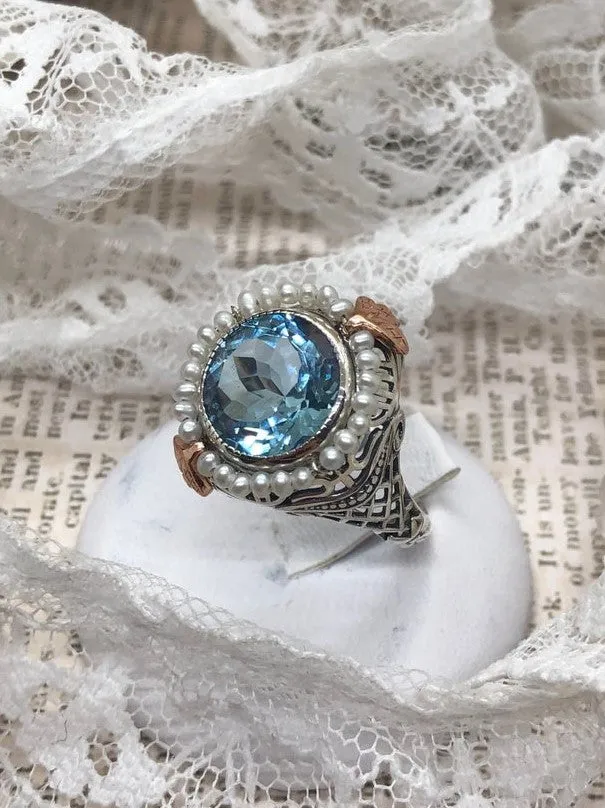 Natural Blue Topaz & Seed Pearl Ring, Victorian Filigree Jewelry #D238