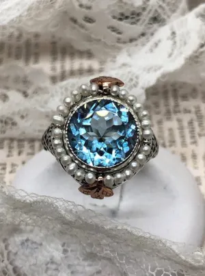 Natural Blue Topaz & Seed Pearl Ring, Victorian Filigree Jewelry #D238
