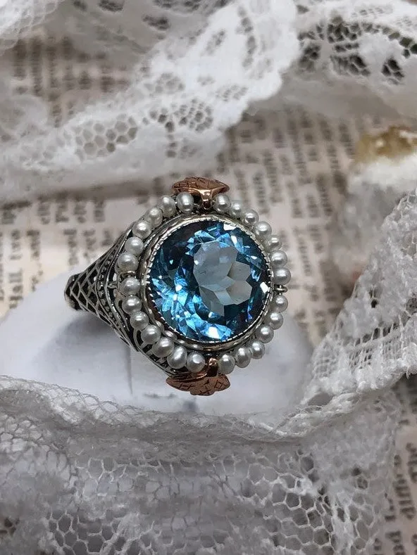 Natural Blue Topaz & Seed Pearl Ring, Victorian Filigree Jewelry #D238
