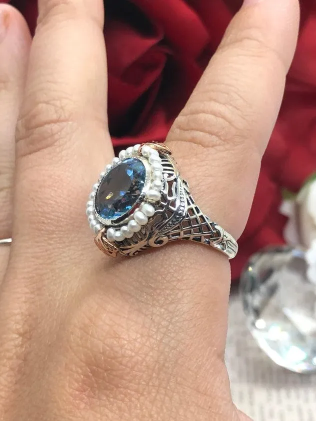 Natural Blue Topaz & Seed Pearl Ring, Victorian Filigree Jewelry #D238