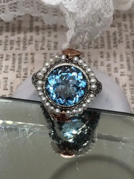 Natural Blue Topaz & Seed Pearl Ring, Victorian Filigree Jewelry #D238