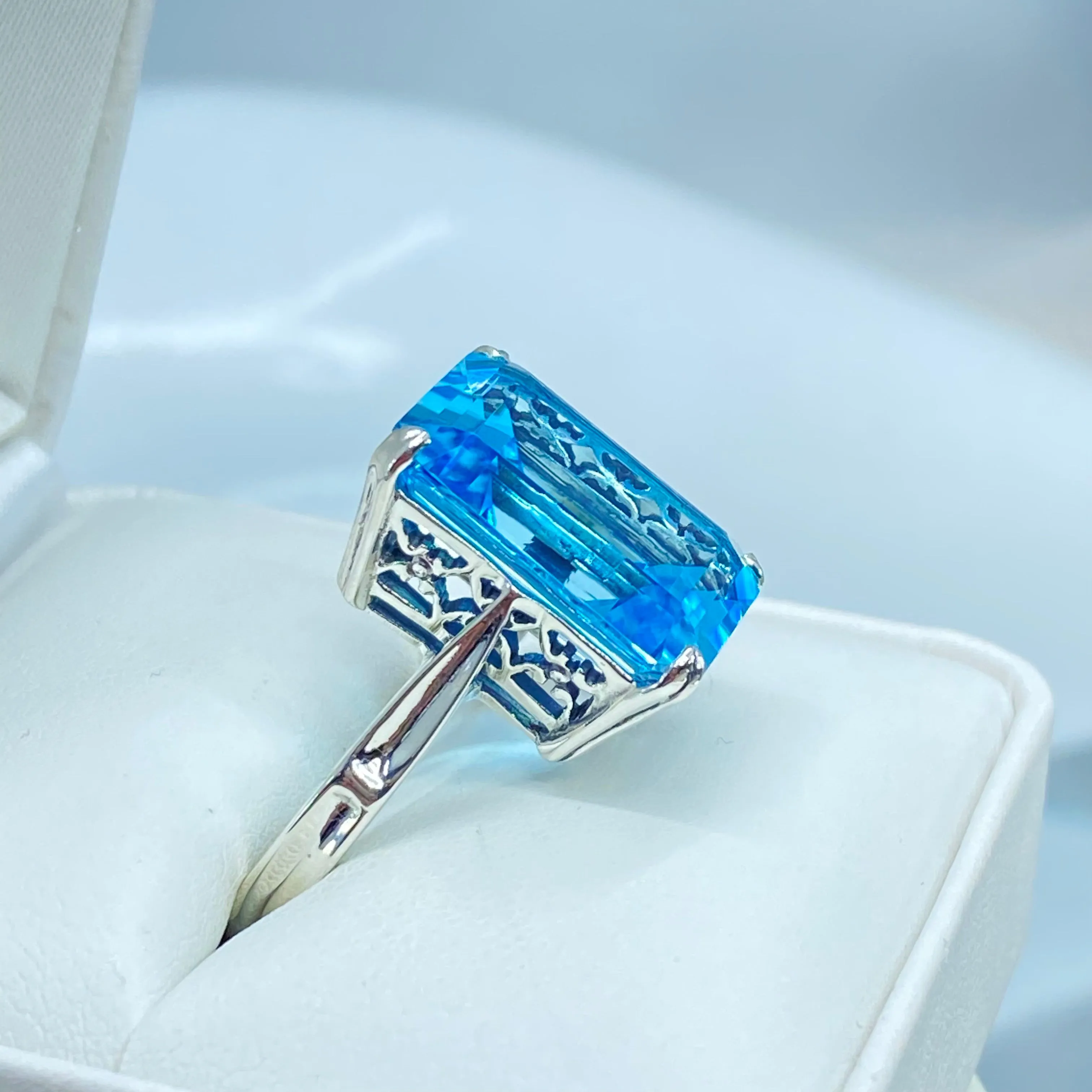 Natural Blue Topaz Ring, Size 7.5, Cushion Cut Rectangle Gem, D225 - Ready to Ship