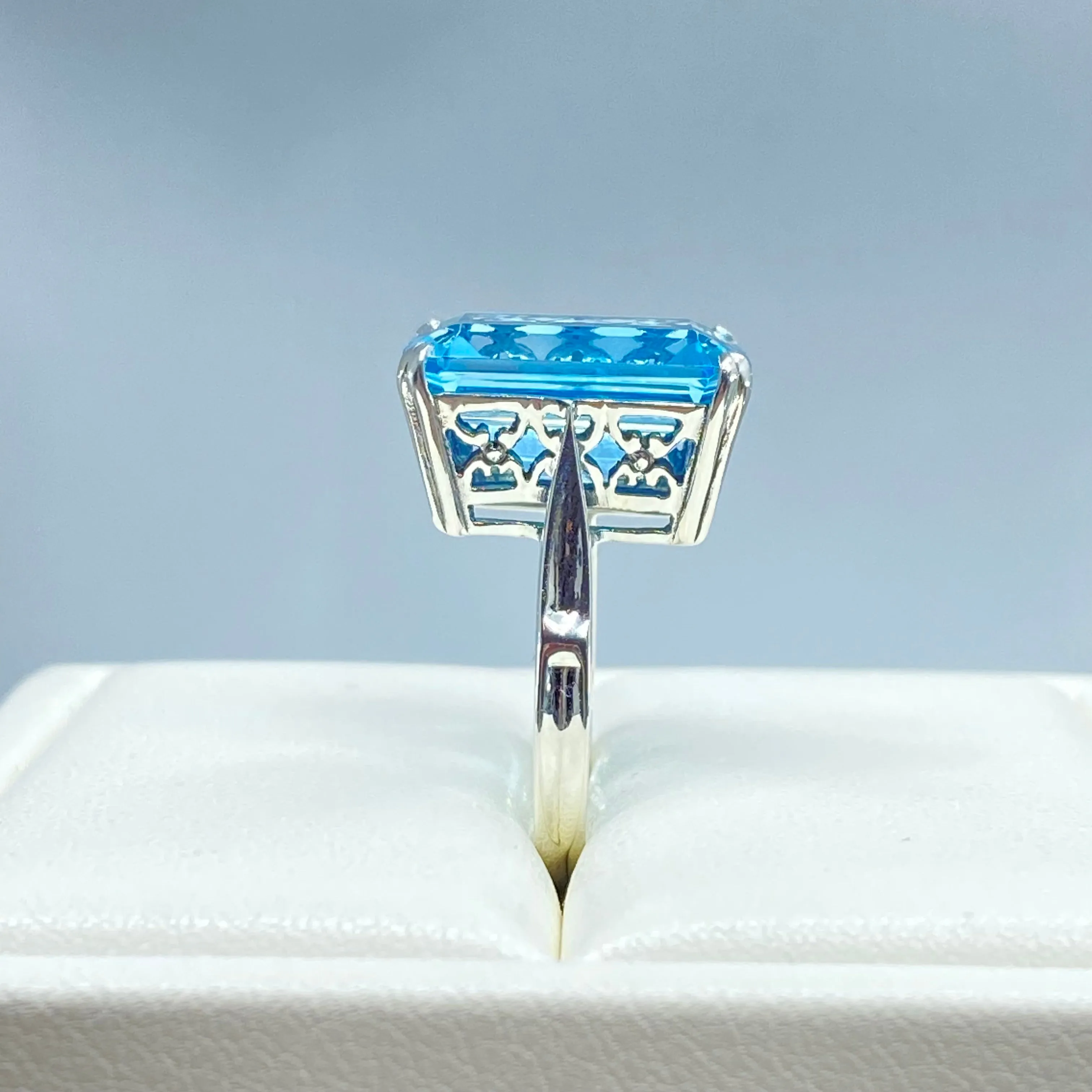 Natural Blue Topaz Ring, Size 7.5, Cushion Cut Rectangle Gem, D225 - Ready to Ship