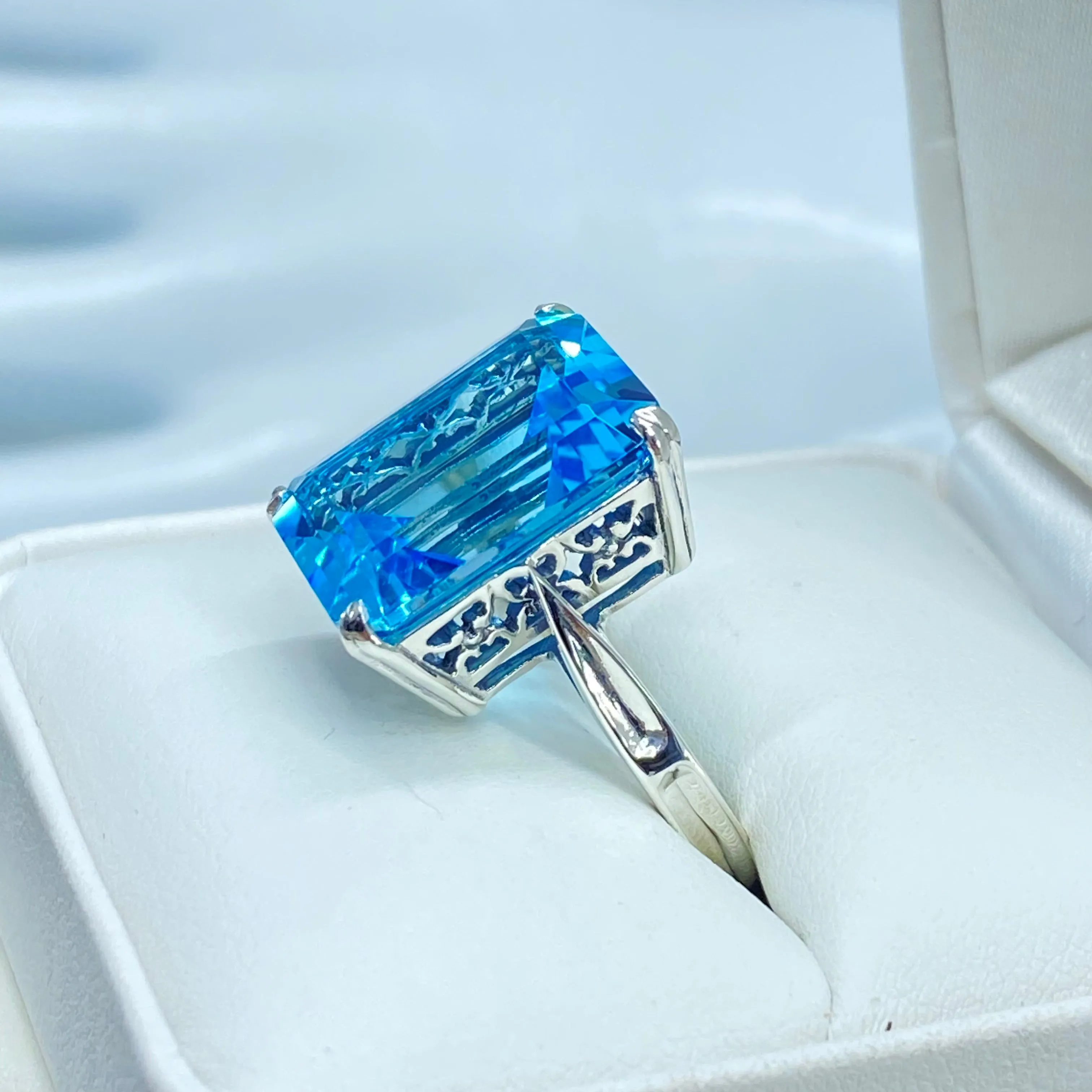 Natural Blue Topaz Ring, Size 7.5, Cushion Cut Rectangle Gem, D225 - Ready to Ship